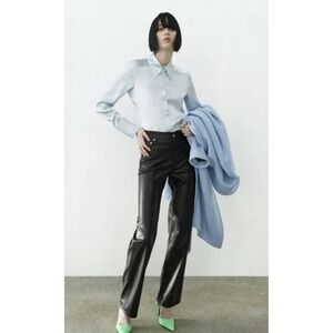 Zara Faux‎ Leather Pants Black Wide Leg 90's Trousers High Waist Size 4